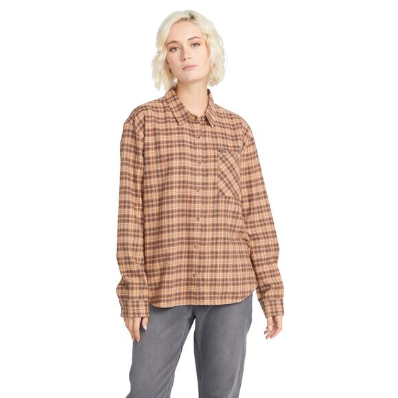 Volcom Women's Plaid to Meet U Long Sleeve Flannel Shirt, Clay 11681 - Picture 1 of 3